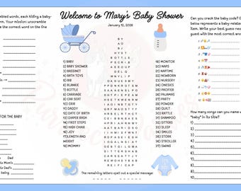 May include: A baby shower game sheet with a blue border. The sheet includes baby-related word scrambles, a baby code to crack, and a section for baby predictions. A baby carriage and bottle illustration are featured.