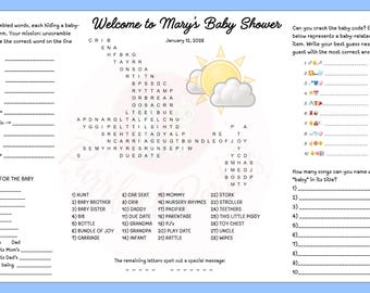 May include: A baby shower game sheet with the title "Welcome to Mary's Baby Shower" and the date January 12, 2006. The sheet includes word scrambles, baby-related trivia, and a baby code to solve. A sun and cloud graphic is in the center.