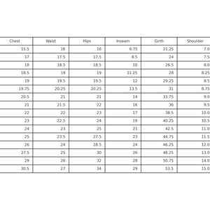May include: A detailed size chart for children's clothing, featuring measurements for chest, waist, hips, inseam, girth, shoulder, and sleeve length. Sizes range from newborn to size 14.