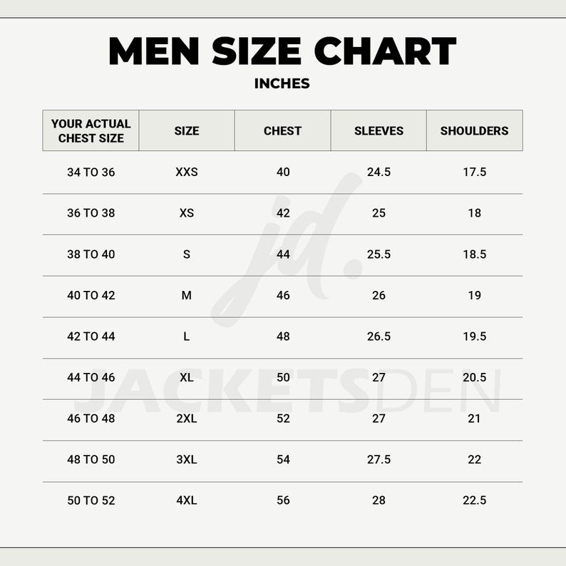 Puede incluir: Tabla de tallas de chaquetas con el texto "MEN SIZE CHART". Las medidas est&aacute;n en pulgadas. La tabla muestra las medidas de pecho, mangas y hombros. Las tallas van de XXS a 4XL, con tallas de pecho de 101.6 cm a 142.2 cm.