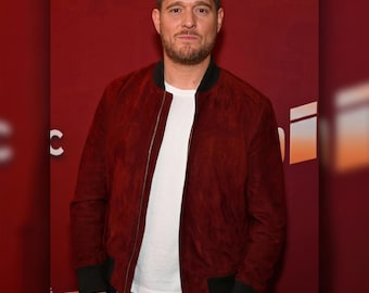 Men's Red Suede Bomber Jacket - Slim Fit Burgundy Varsity Jacket - Handmade Luxury Coat