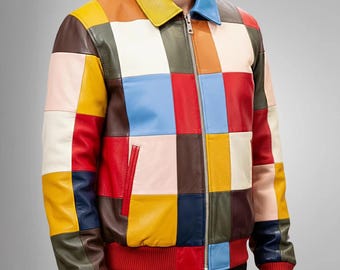 Handmade Unisex Vintage Patchwork Checkered Colorful Retro Design Casual Jacket