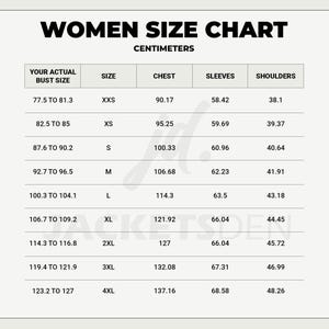 May include: A women's size chart in centimeters, with measurements for bust size, chest, sleeves, and shoulders. Sizes range from XXS to 4XL, with corresponding measurements in centimeters. The chart is on a light beige background.