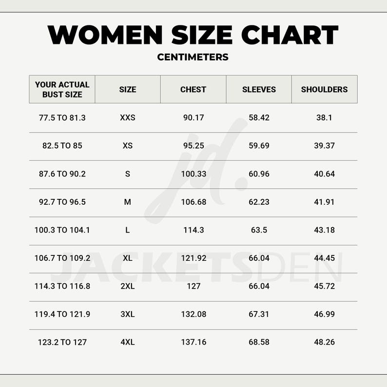 May include: A women's size chart in centimeters, with measurements for bust size, chest, sleeves, and shoulders. Sizes range from XXS to 4XL, with corresponding measurements in centimeters. The chart is on a light beige background.