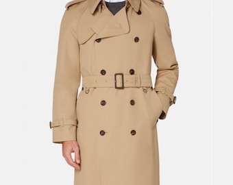 Classic Khaki Cotton Trench Coat - Double Breasted Belted Raincoat - Handmade Beige Spring Overcoat