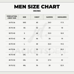 May include: A size chart for jackets, with the text "MEN SIZE CHART" at the top. The chart lists chest sizes in inches, sleeve lengths, and shoulder measurements. Sizes range from XXS to 4XL, with corresponding chest measurements from 40 to 56 inches.