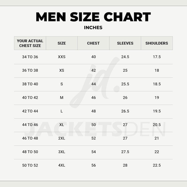 May include: A size chart for jackets, with the text "MEN SIZE CHART" at the top. The chart lists chest sizes in inches, sleeve lengths, and shoulder measurements. Sizes range from XXS to 4XL, with corresponding chest measurements from 40 to 56 inches.