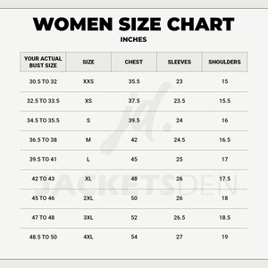 May include: A women's size chart in inches, with bust, chest, sleeves, and shoulder measurements. Sizes range from XXS to 4XL, with bust sizes from 30.5 to 50 inches. The chart includes chest measurements from 35.5 to 54 inches.