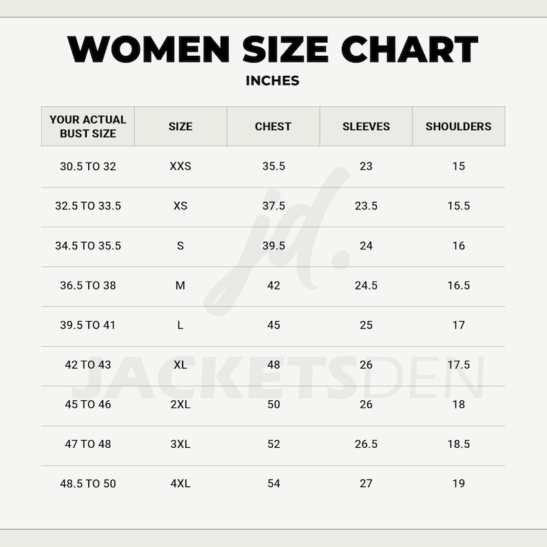 May include: A women's size chart in inches, with bust, chest, sleeves, and shoulder measurements. Sizes range from XXS to 4XL, with bust sizes from 30.5 to 50 inches. The chart includes chest measurements from 35.5 to 54 inches.