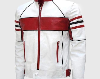 Unisex Handmade White and Red Biker Motorcycle Cafe Racer Real Biker Leather Jacket