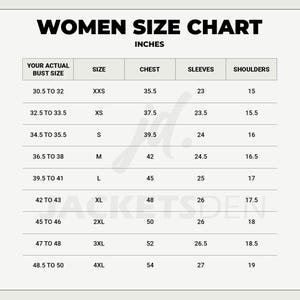 Puede incluir: Tabla de tallas para mujer en pulgadas, con medidas de busto, pecho, mangas y hombros. Las tallas van de XXS a 4XL, con medidas de pecho de 90 cm a 137 cm. La tabla est&aacute; en pulgadas.