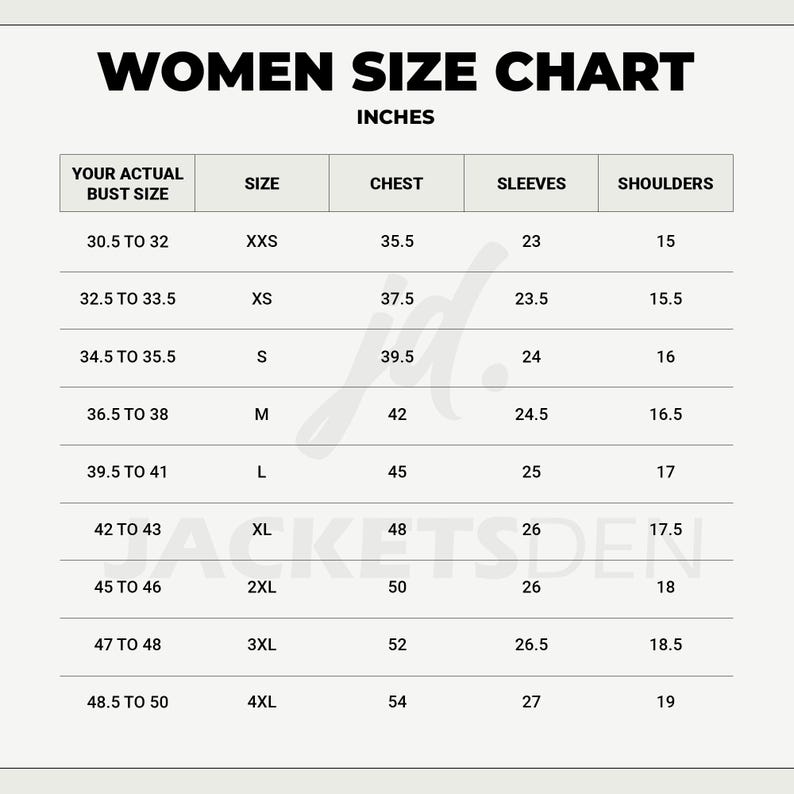 Puede incluir: Tabla de tallas para mujer en pulgadas, con medidas de busto, pecho, mangas y hombros. Las tallas van de XXS a 4XL, con medidas de pecho de 90 cm a 137 cm. La tabla est&aacute; en pulgadas.