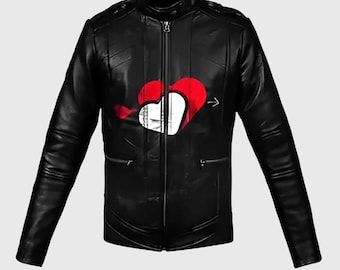 Black Leather Valentine Jacket with Heart Design – Romantic Outerwear Gift for Her Him