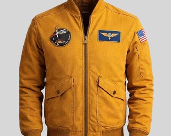Men's Handmade Mustard Yellow Cotton Flight Jacket - Military Style Aviator Bomber - Lightweight Coat