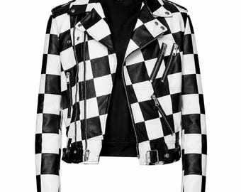 Unisex Handmade Checkboard Vintage Retro Style Black and White Bomber Biker Leather Jacket