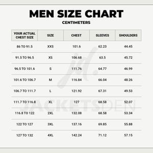 May include: A size chart for men's clothing, displaying chest, sleeve, and shoulder measurements in centimeters. Sizes range from XXS to 4XL, with chest sizes from 101.6 cm to 142.24 cm. The chart is on a cream background.