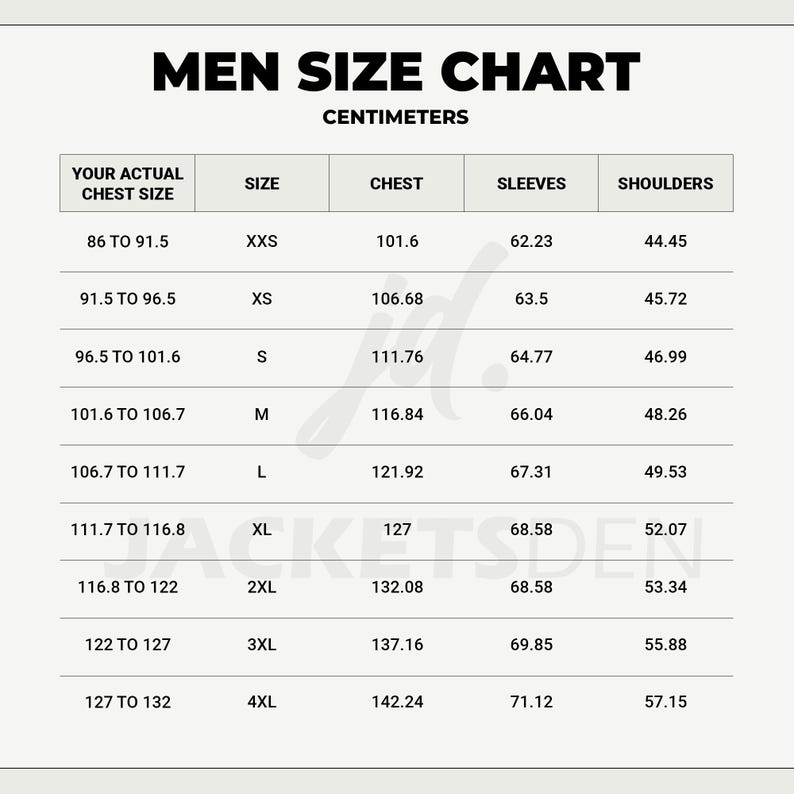 May include: A size chart for men's clothing, displaying chest, sleeve, and shoulder measurements in centimeters. Sizes range from XXS to 4XL, with chest sizes from 101.6 cm to 142.24 cm. The chart is on a cream background.