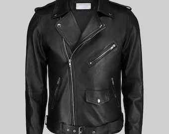 Men’s Handmade Casual Cafe Racer Motorcycle Biker Real Distressed Black Leather Jacket