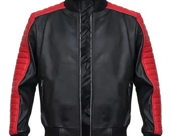 Black Leather Stunt Team Jacket - Retro 80s Biker Bomber - Unisex Summer Coat