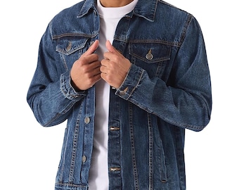Unisex Classic Dark Wash Denim Jacket - Rugged Blue Jean Trucker Jacket - Casual Layering Coat