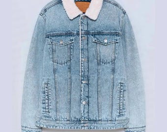 Men's Light Wash Sherpa Lined Denim Jacket - Classic Trucker Jacket with Faux Fur Collar