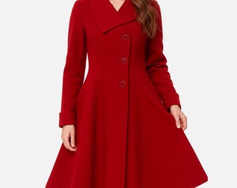 Women’s Red Valentines Day Winter Elegant Flare Genuine Wool Coat Gift for Her
