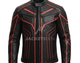 Men's Handmade Tron Ares Movie Inspired Red Striped Black Real Biker Leather Jacket