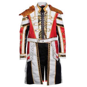 May include: A long, ornate jacket in red, white, black, and gold. The jacket features gold epaulets, a gold zipper, and decorative gold trim. The design includes white panels with black and gold accents, and a white belt.