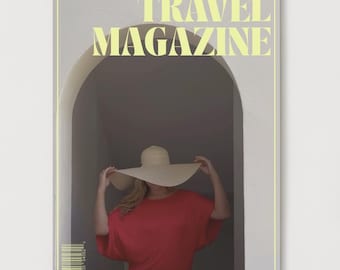May include: A rectangular travel magazine cover featuring the text TRAVEL MAGAZINE in yellow font. The cover displays a person wearing a wide-brimmed beige sun hat and a red top, standing within a dark arched doorway. A barcode is visible at the bottom.