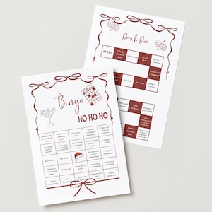 May include: Two white paper game sheets with burgundy text and illustrations. One sheet is labeled "Bingo" with "HO HO HO" below. The other sheet is labeled "Drink Dice". Both sheets have a decorative border of bows.