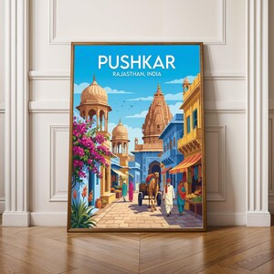 Pushkar Poster - Illustrated Travel, Turquoise Blue and Golden Sandstone