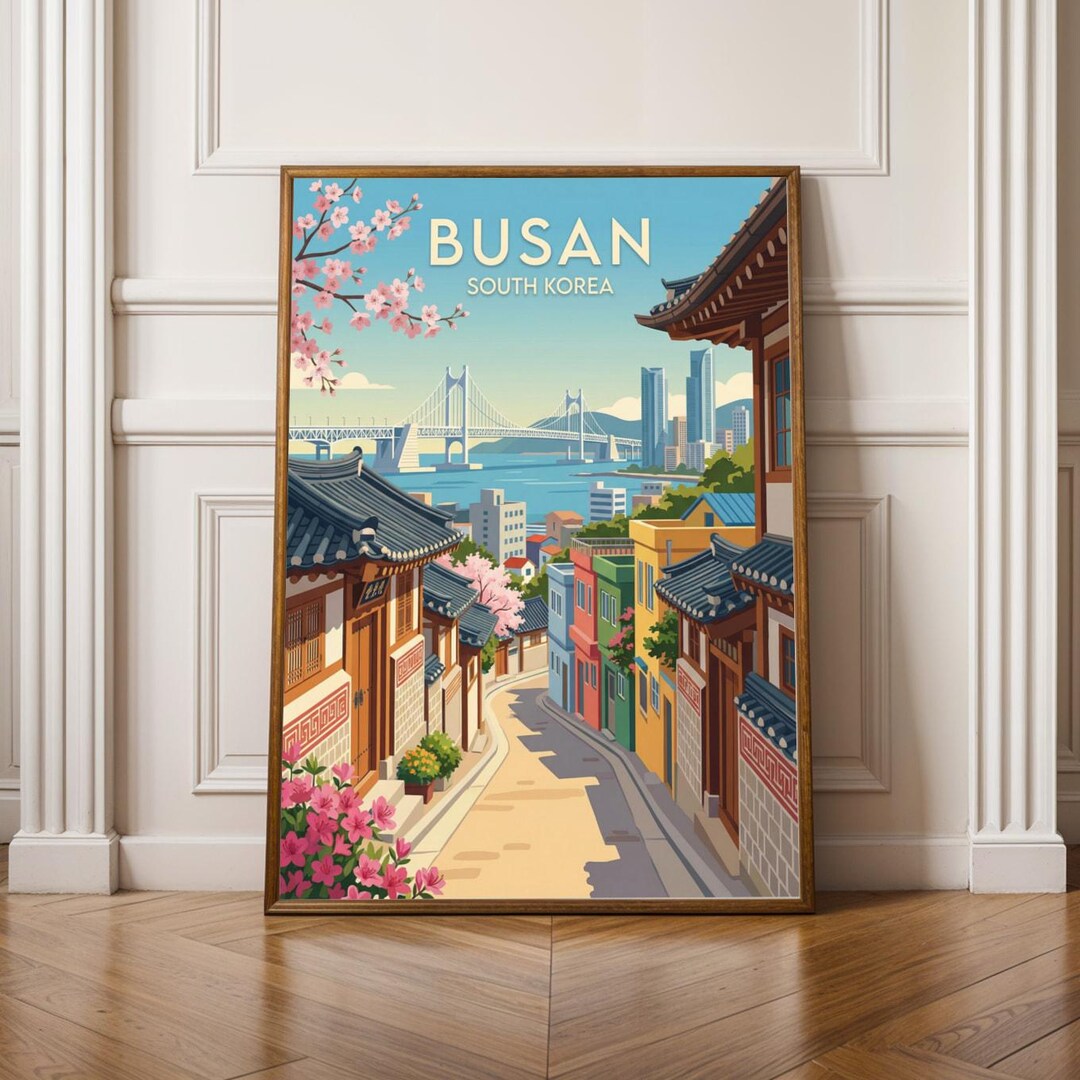 Busan Poster - Illustrated Travel, Light Blue and Teal - Etsy