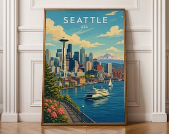 Könnte beinhalten: Ein gerahmter Kunstdruck von Seattle, USA, mit der Space Needle, der Skyline der Stadt und einer Fähre auf dem Wasser. Das Kunstwerk hat einen Vintage-Reiseposter-Stil mit einer blau-, grün- und braunfarbenen Farbpalette.