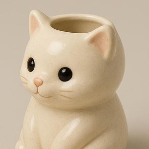 May include: A cream-colored ceramic cat-shaped planter. The planter has large black eyes, a pink nose, and small pink ears. The cat is sitting upright with its paws tucked in. The planter is designed to hold small plants or flowers.