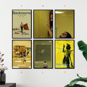 Peut inclure: Une collection de six affiches rectangulaires intitulées Backrooms, présentant diverses scènes dans des tons jaunes. Les designs incluent une personne marchant dans une pièce, une main contre un mur, un visage, une pièce inversée, un labyrinthe.