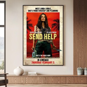Puede incluir: Un póster de película para Send Help que muestra a una persona de pie sobre un fondo de atardecer rojo con palmeras. El texto dice Meet Linda Liddle, She's From Strategy And Planning, Rachel McAdams, Dylan O'Brien, Send Help, She's The Boss Now.