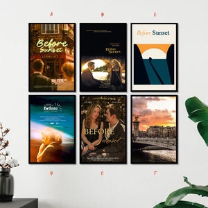 Może przedstawiać: Kolekcja sześciu oprawionych plakatów filmowych do filmu Before Sunset, oznaczonych od A do F. Plakaty przedstawiają różne sceny z filmu, w tym kawiarnie, widoki na mosty i ilustracje graficzne, wszystkie z tytułem Before Sunset.