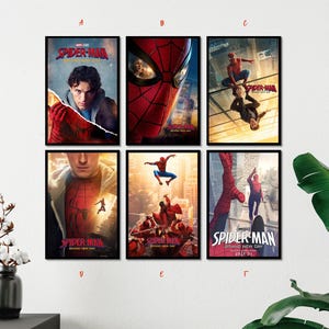 May include: Six framed posters featuring Spider-Man Brand New Day movie artwork. Each print displays different scenes of the character in red and blue suits against city backgrounds, with the Spider-Man logo and text visible on each individual poster.