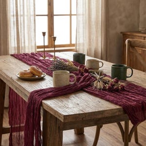 Burgundy Cheesecloth Table Runner: Crinkled Gauze for Boho Weddings, Parties, Home Decor