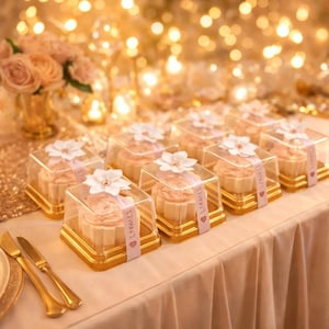 May include: Square clear plastic boxes containing individual desserts, each topped with a white flower and wrapped in a light pink ribbon printed with the text "LIRMIET" and a small heart icon, arranged on a table with gold cutlery.