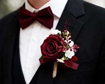 Burgundy Rose Boutonniere, Artificial Floral Lapel Pin Corsage for Weddings