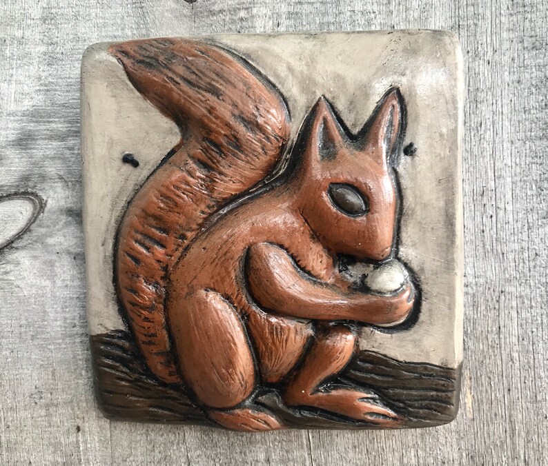 Squirrel Plaque Carving Bas Relief Animal Art Tile Wall Etsy