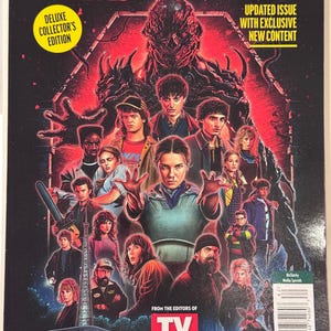 May include: A TV Guide Magazine cover for Stranger Things, featuring the cast in front of a red and black background. The cover includes the text "All Five Seasons" and "Deluxe Collector's Edition."