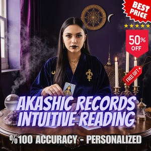 May include: A woman in a dark blue velvet robe holds a tarot card, with the text "AKASHIC RECORDS INTUITIVE READING" in the foreground. The image includes candles, a crystal ball, and a "50% OFF" banner.