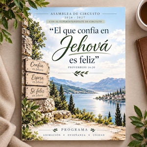 May include: A rectangular program booklet titled ASAMBLEA DE CIRCUITO 2026-2027, featuring the text El que confía en Jehová es feliz, PROVERBIOS 16:20. The design shows a stone wall with three wooden signs and a scenic lake view with mountains.