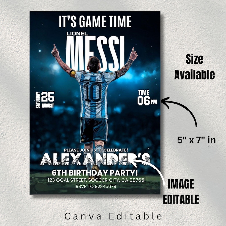 Messi Birthday Invitation, Iconic Celebration , Editable Messi Invitation, Canva Template, Soccer Birthday Invite, Soccer birthday Invite image 5