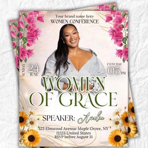 May include: A Canva editable template for a Women of Grace conference flyer featuring pink bougainvillea and yellow sunflowers. The text includes event details, a speaker name, and a location at 123 Elmwood Avenue, Maple Grove, NY 11223.