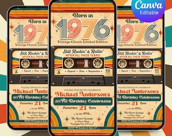 50th Birthday Digital Invitation, Back to 70’s Retro Party Invite, Back in 1976 Editable Canva Template, Vintage Download for Men or Women