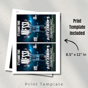 May include: Print template for a soccer-themed birthday party invitation. The design features a player image, the text "It's Game Time" and "Alexander's 6th Birthday Party!" The invitation measures 8.5" x 11" and includes a print template.