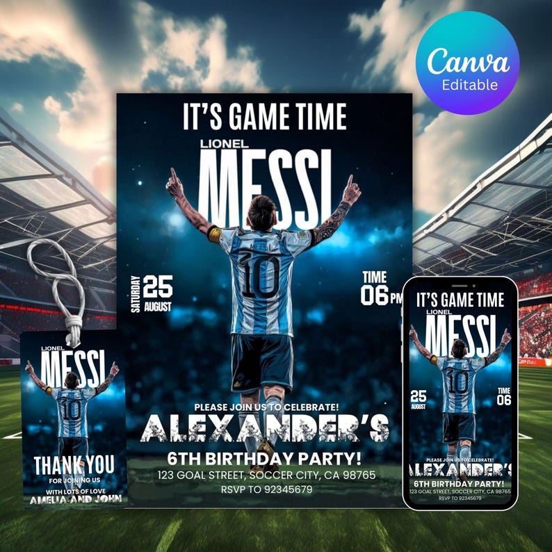 May include: A digital invitation set for a soccer-themed birthday party. The design features Lionel Messi in his Argentina jersey, with the text "It's Game Time" and party details. Includes a thank you tag and a phone mockup.
